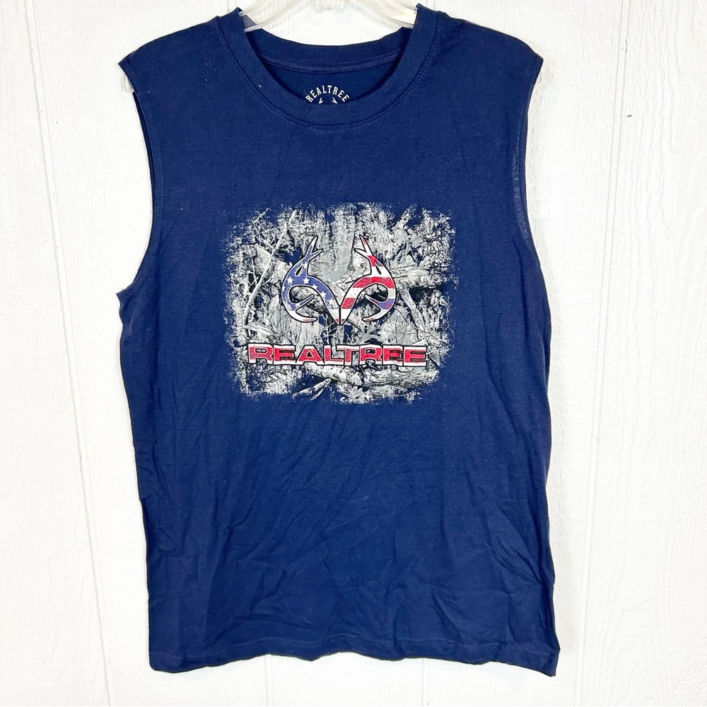 NEW Men’s Realtree Navy Blue and American Flag Sleeveless Shirt Medium